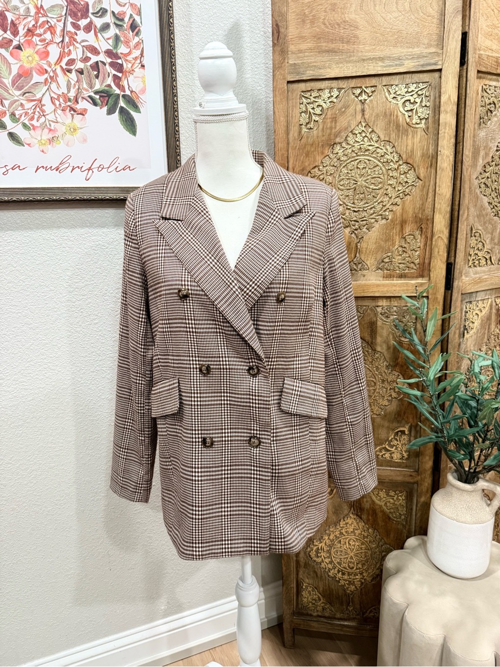 Mazik Double-Breasted Plaid Blazer Jacket - Brown 0068